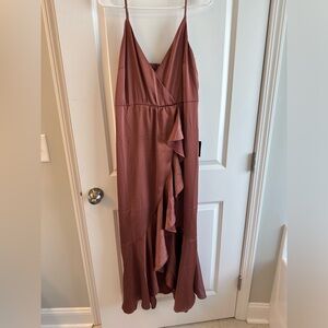 Lulus mauve pink satin ruffled high-low dress